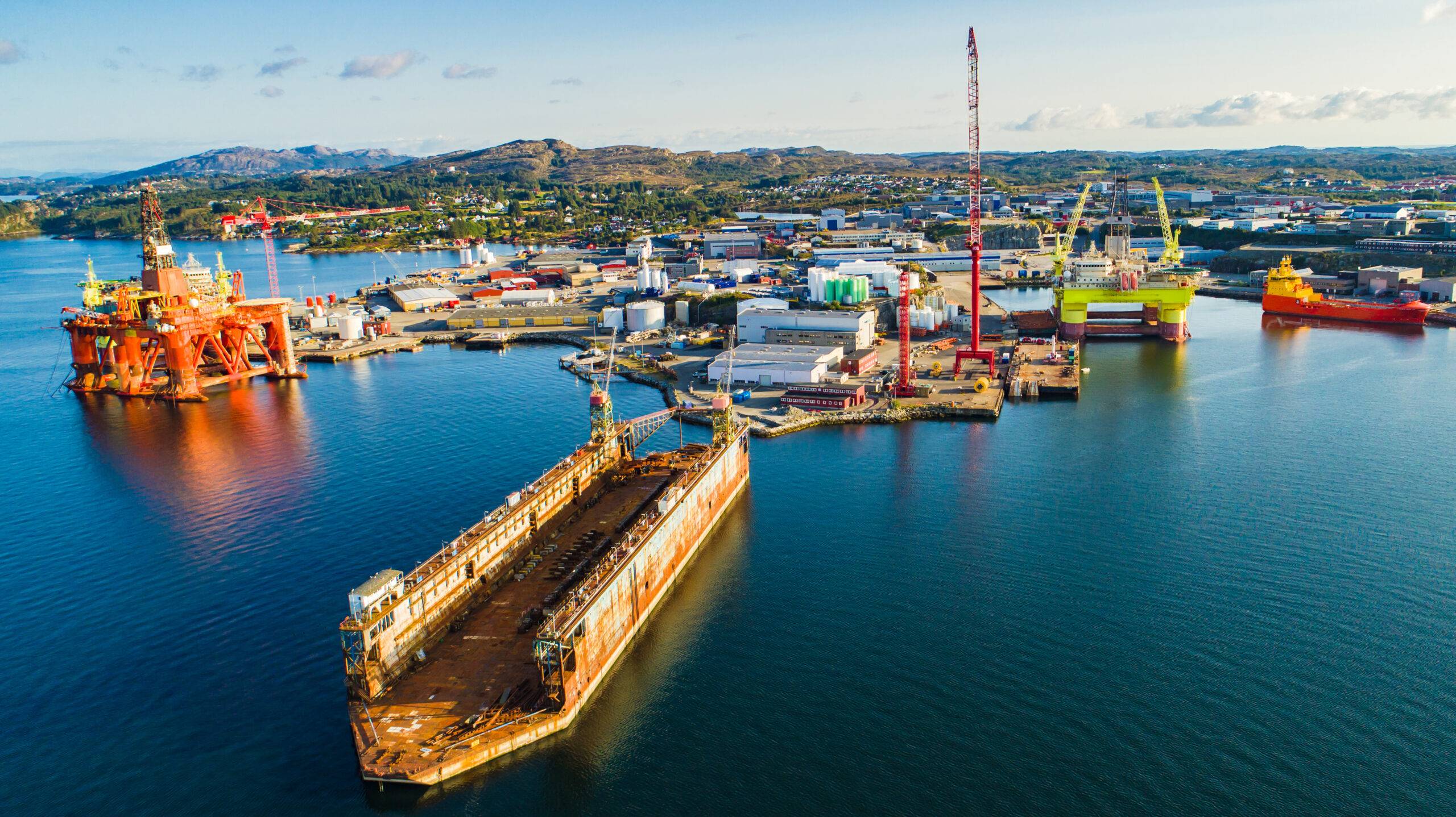 Oil rigs under maintenance near Bergen, Norway.